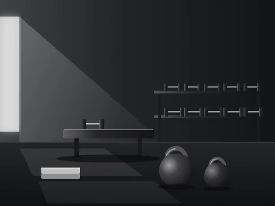 Ilustração com halteres, kettlebell, cronômetro, prancheta com plano de treino e celular com videochamada